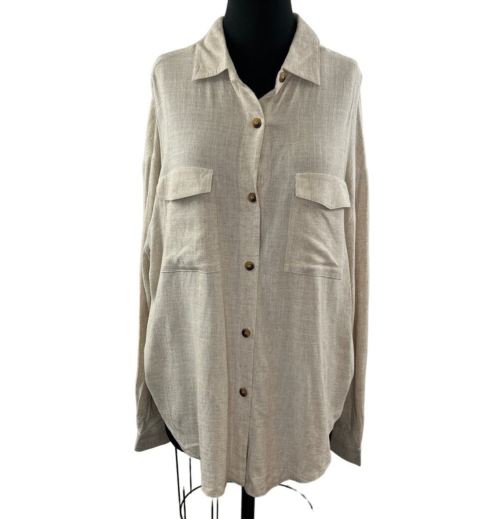 ASOS DESIGN Beige Linen Blend Long Sleeve Button-Up Collared Pocket Shirt 10T